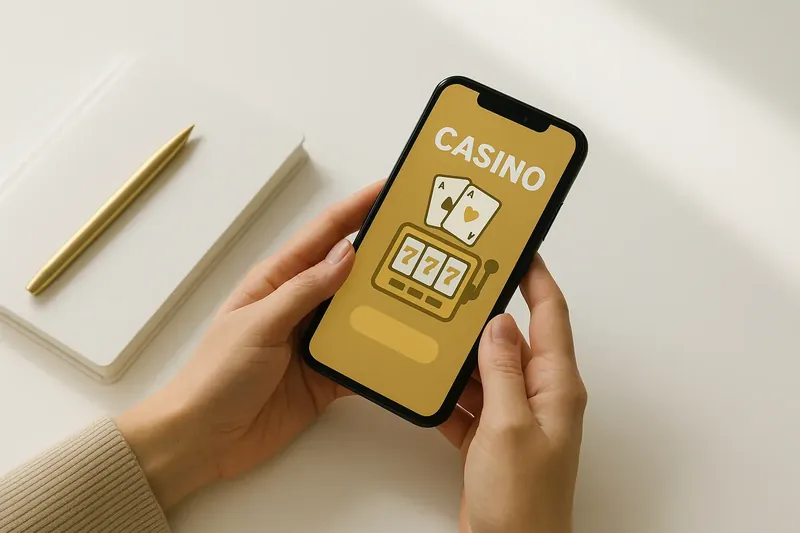 Hands holding phone with casino app above clean white desk