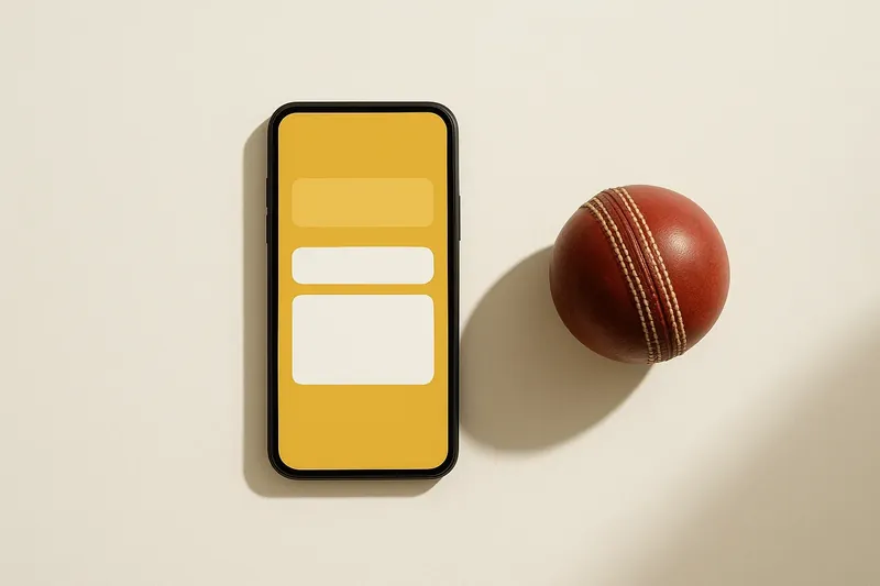 Smartphone with betting app beside cricket ball on white background