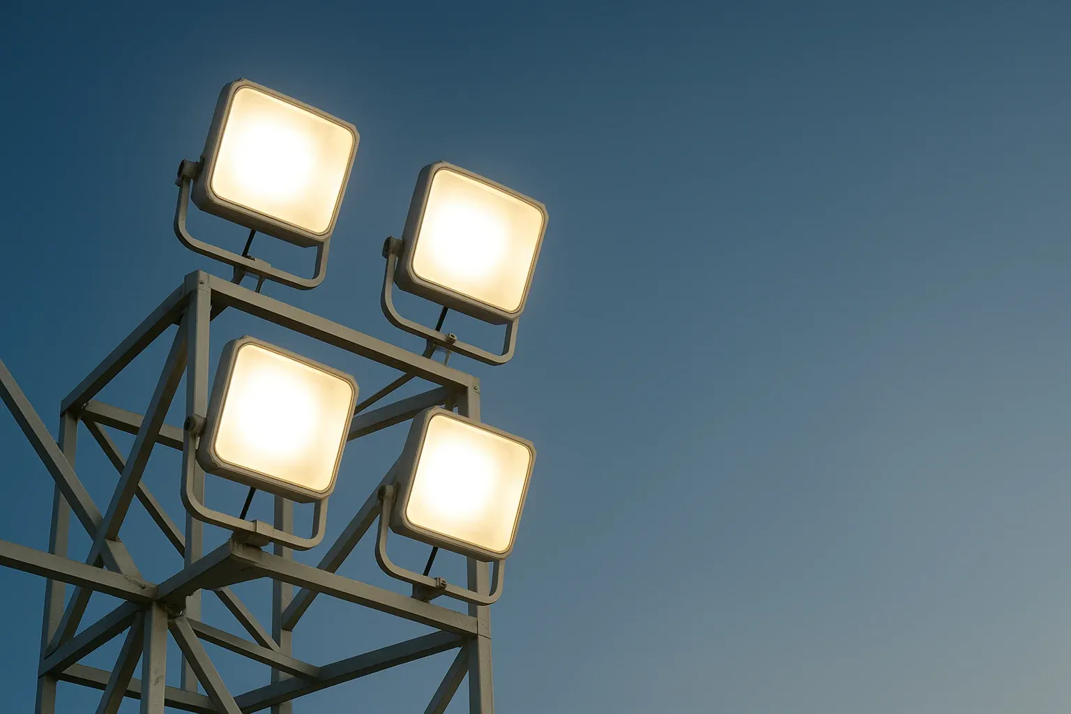 Stadium Floodlights Abstract Four bright stadium floodlights viewed through metal structure at dusk