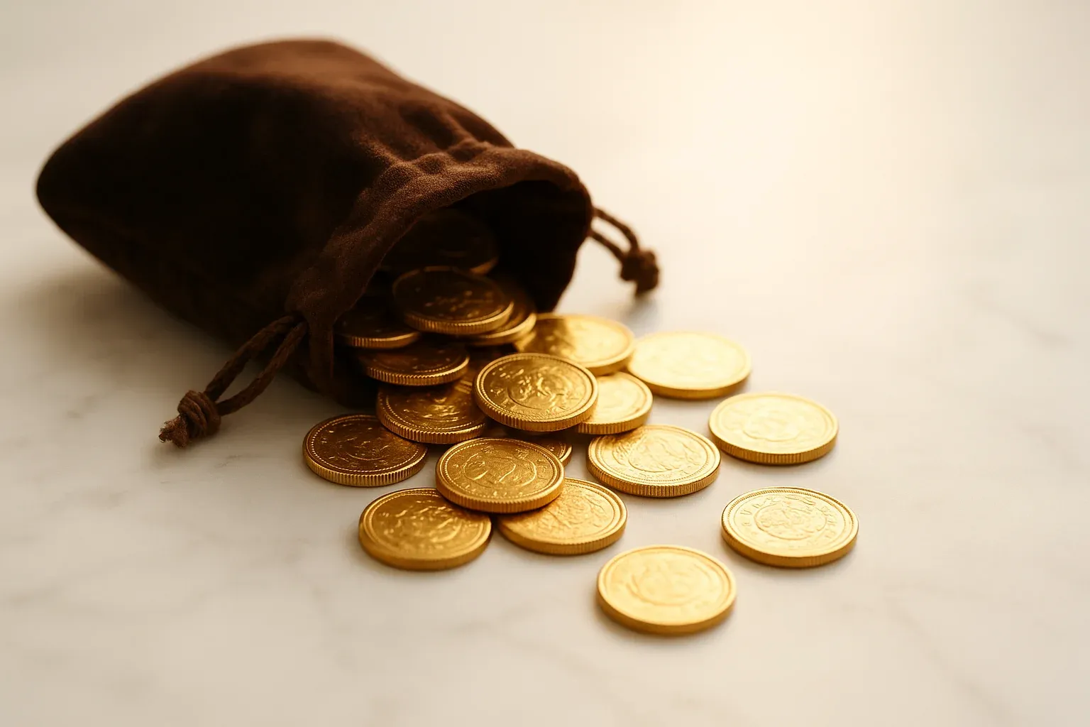 Golden coins spilling from a velvet pouch on white marble