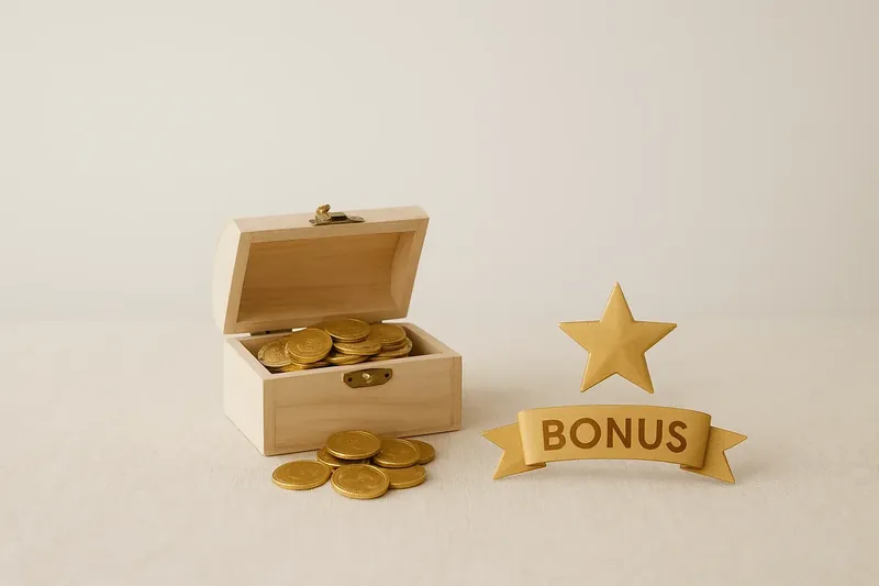 Open treasure box with gold coins, star badge, and bonus ribbon