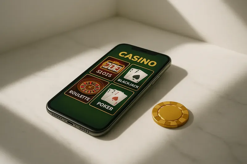 Smartphone on white marble showing colorful casino game lobby
