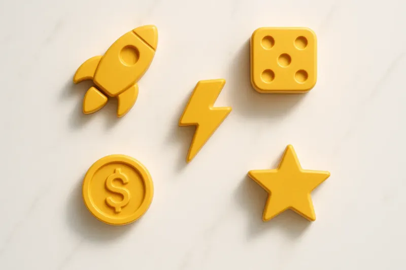Five 3D instant game symbols on white marble flat lay
