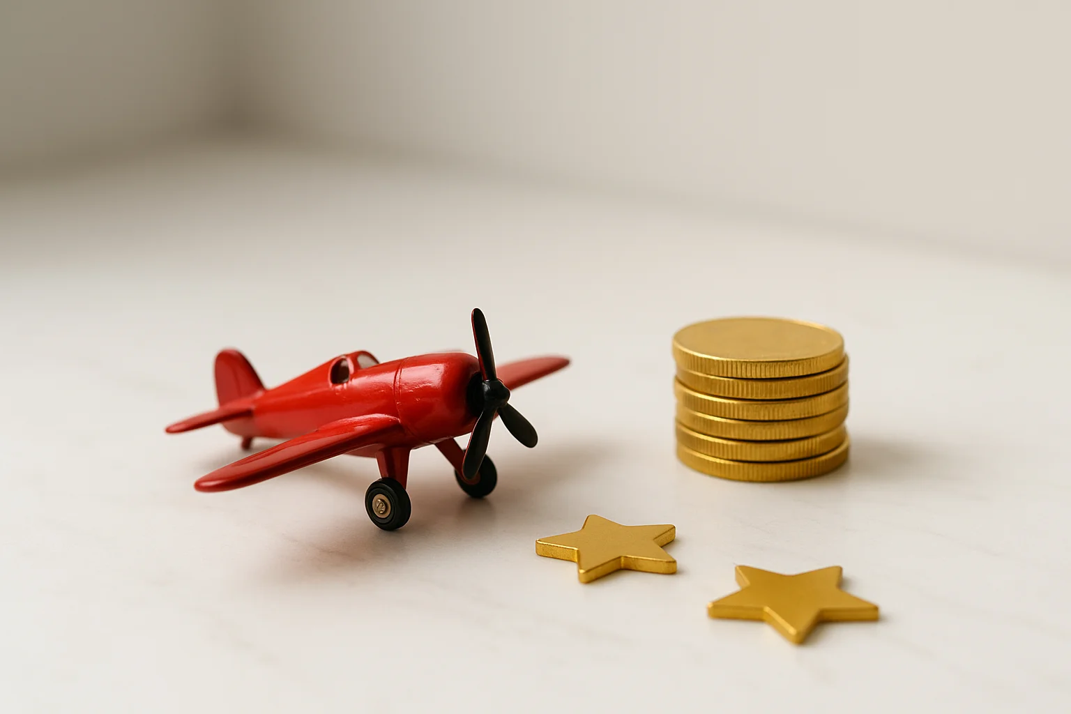 Miniature red airplane model with gold coins and star tokens on white marble