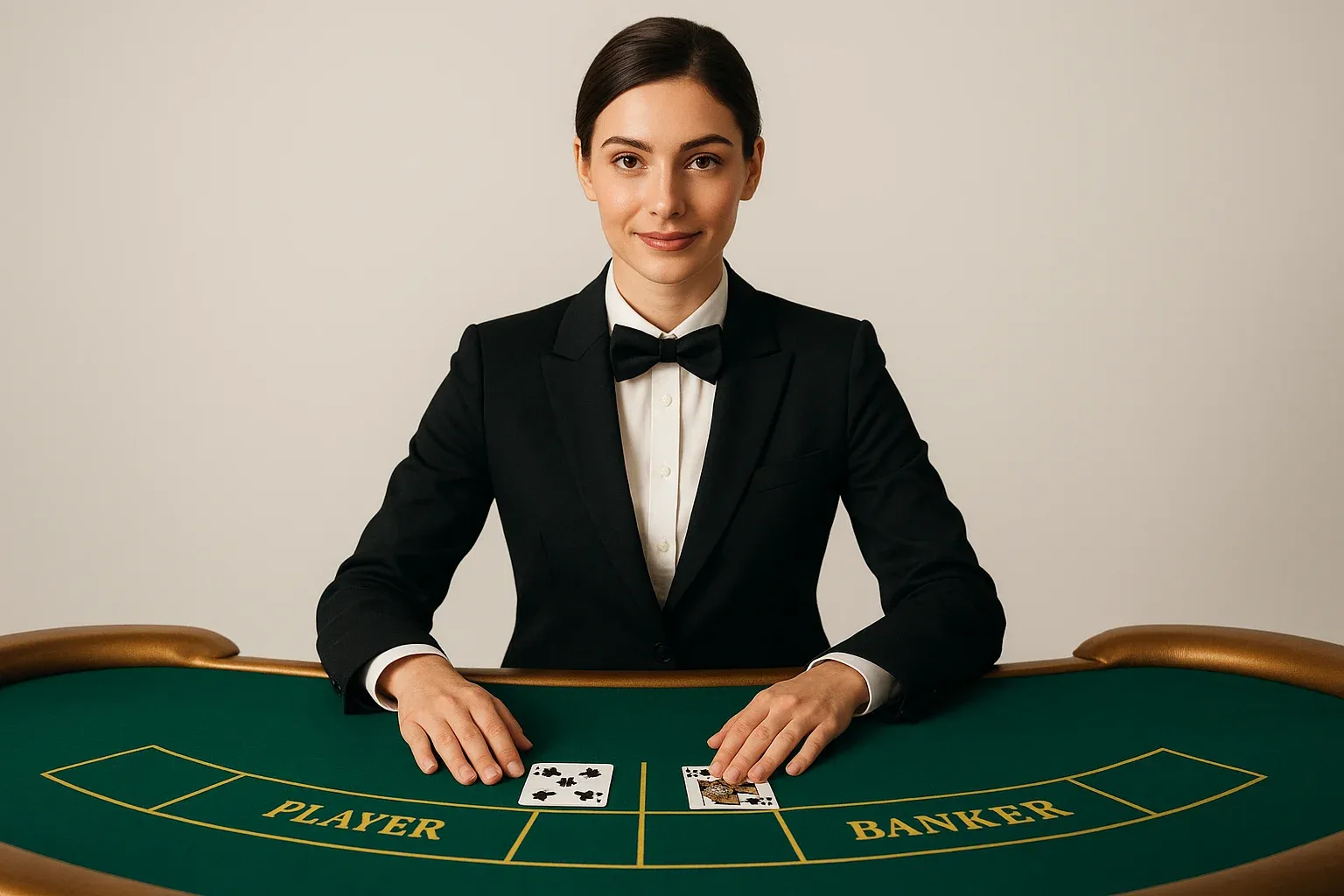 Live Dealer Baccarat Professional female dealer at elegant live baccarat table in casino