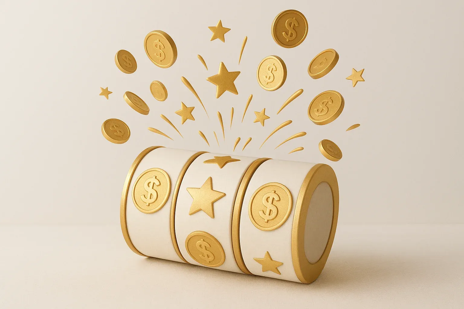 Colorful slot machine reels with gold symbols, coins, and exploding stars